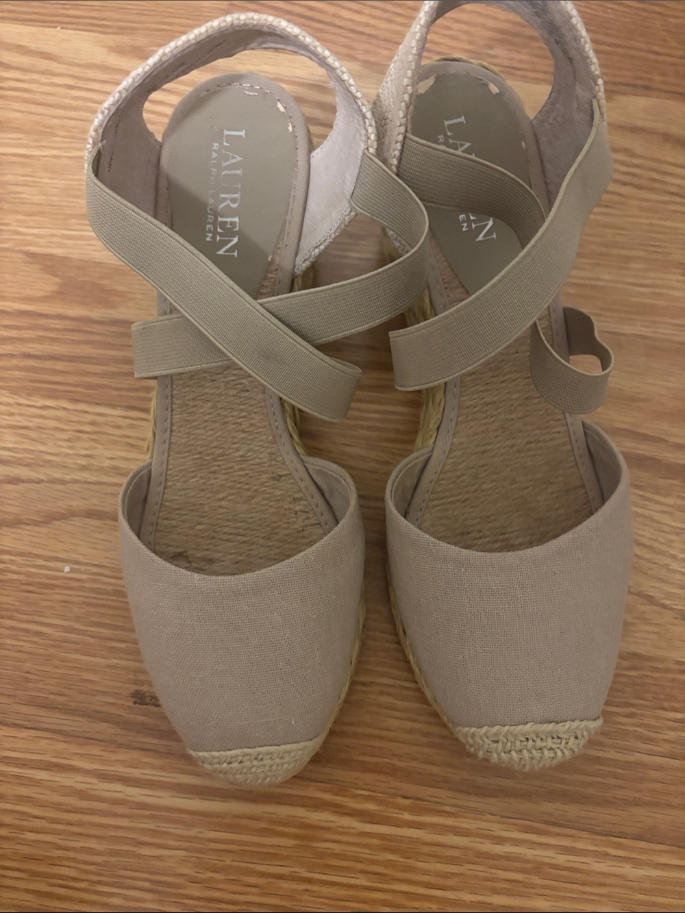 Lauren Ralph Lauren Neutral Tan Canvas Cross-Strap Espadrille Wedge